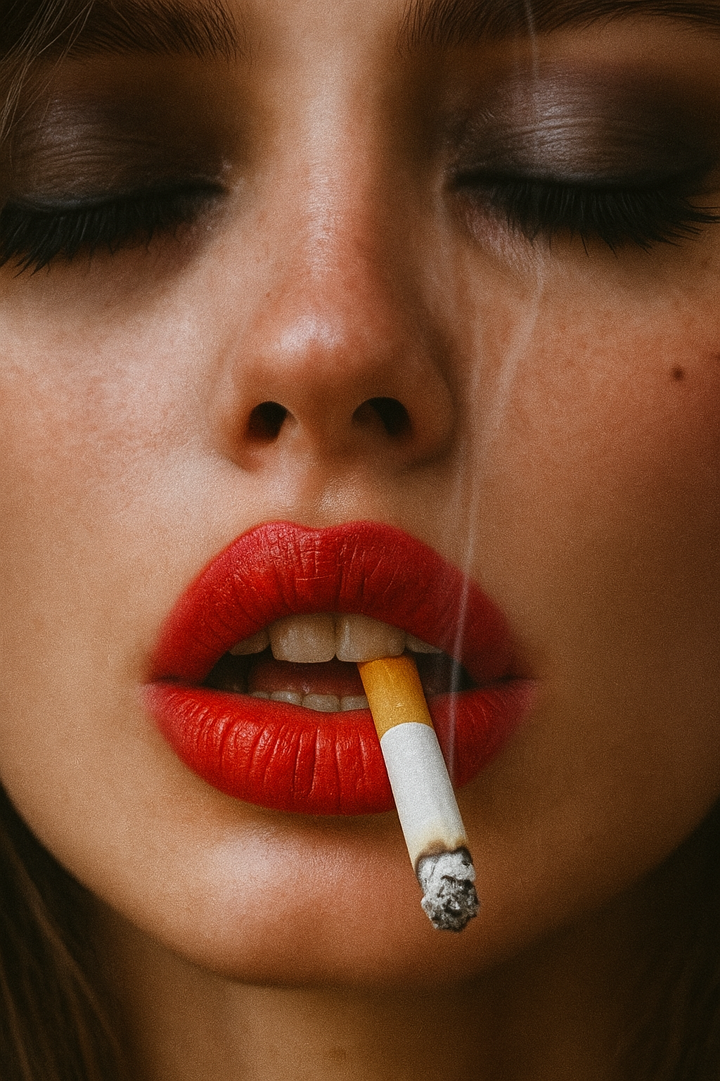 Close-up of a woman's face with red lipstick holding a cigarette.