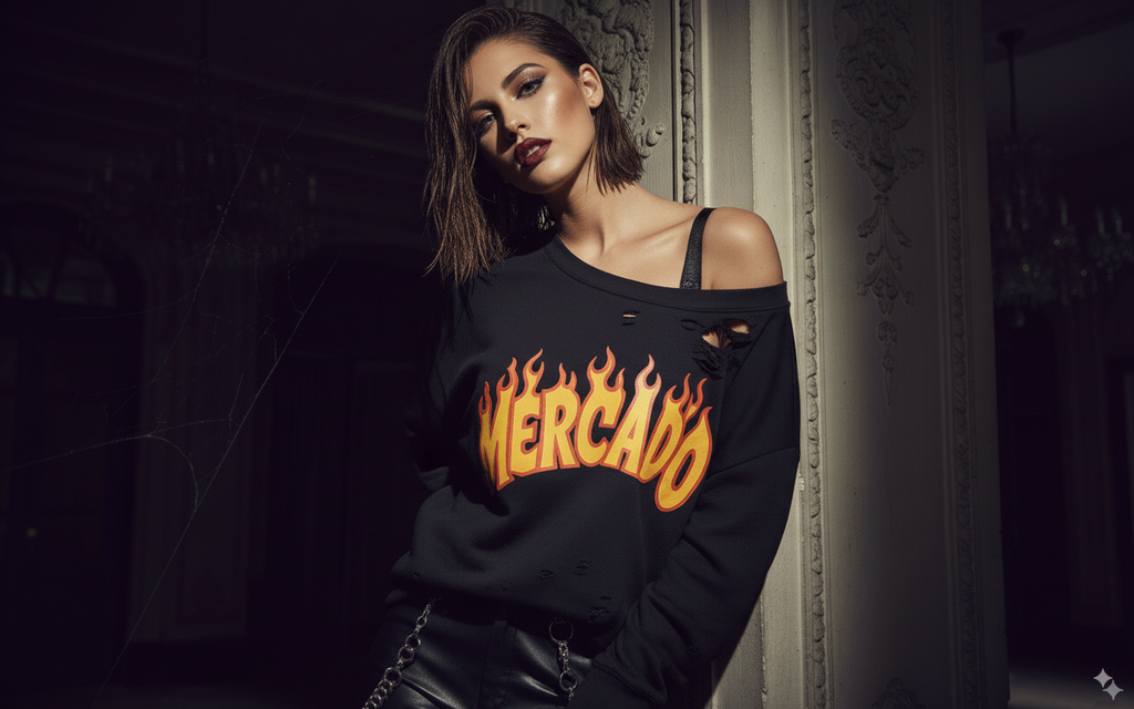 Woman wearing a black sweatshirt with 'Mercado' text in flames, standing against a dark background.